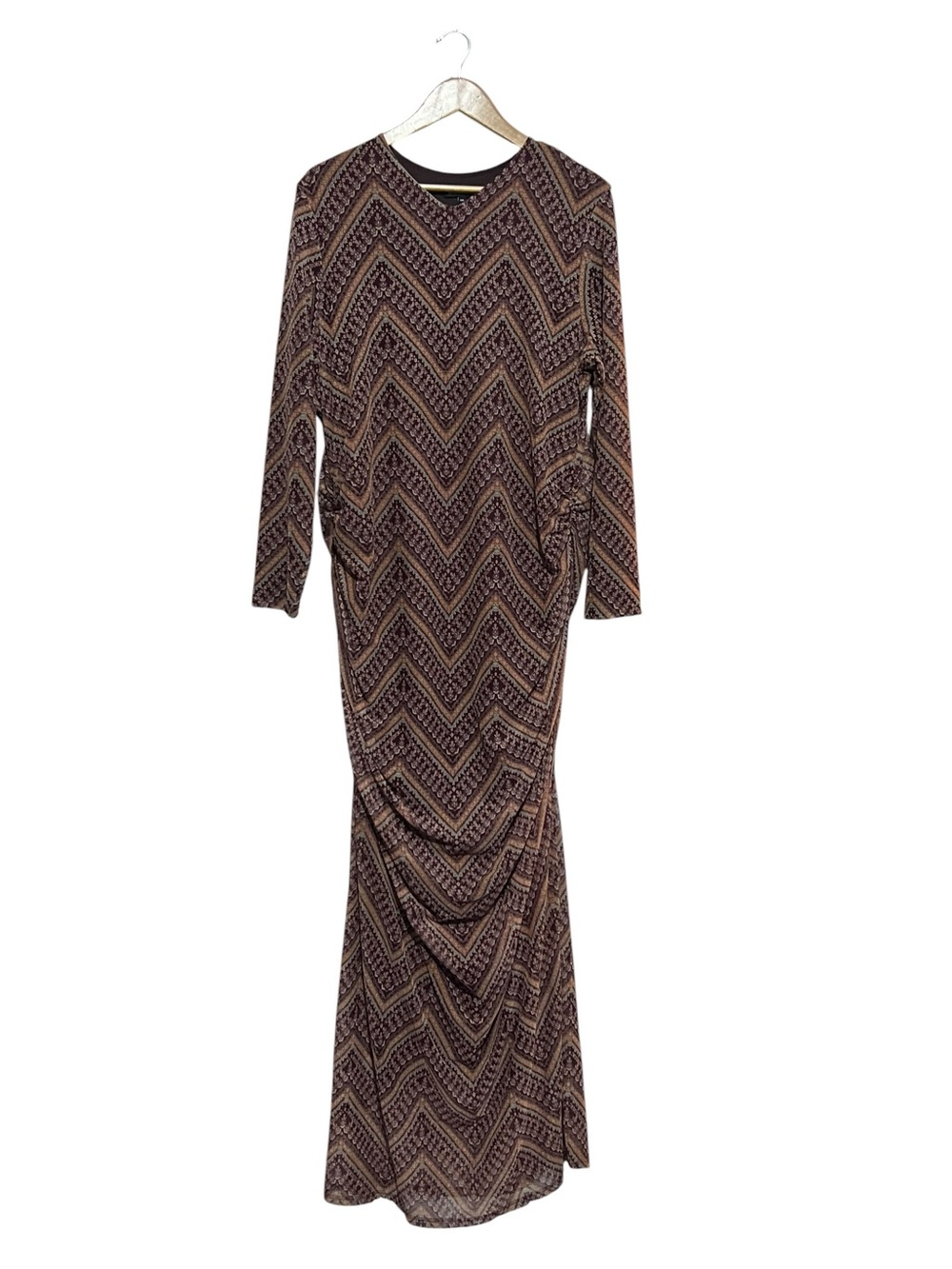 Japparel Long Sleeve Ruched Chevron Maxi Dress XXL Modest Purple Printed